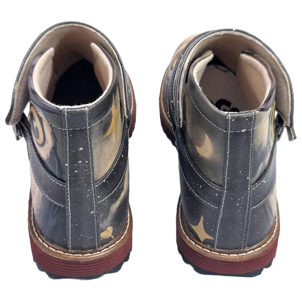 Go Shoes Celestial Owl Graphic Ankle‎ Boots Womens US 6 EU 37 Gray Buckle